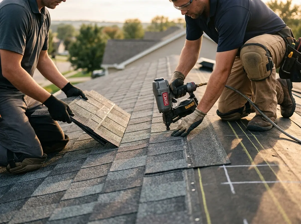 Professional roofer working on a residential roof in LaBelle